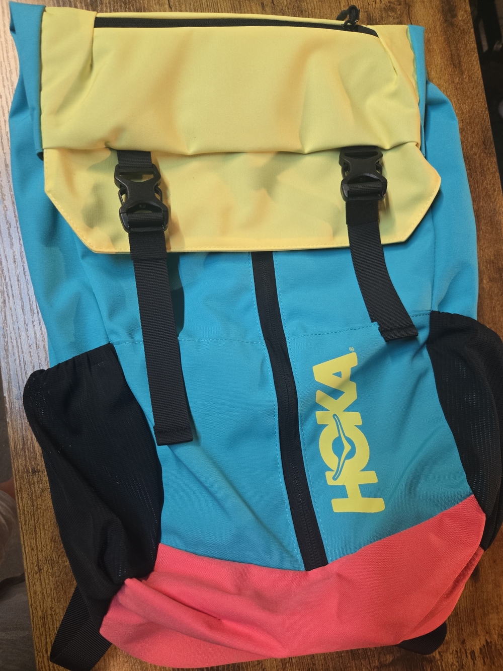 Hoka Colorblock Roll-Top Backpack in Yellow/Teal/Coral